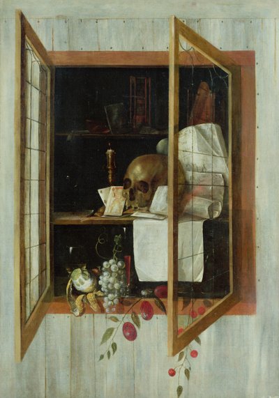 Vanitas still life seen through a trompe l